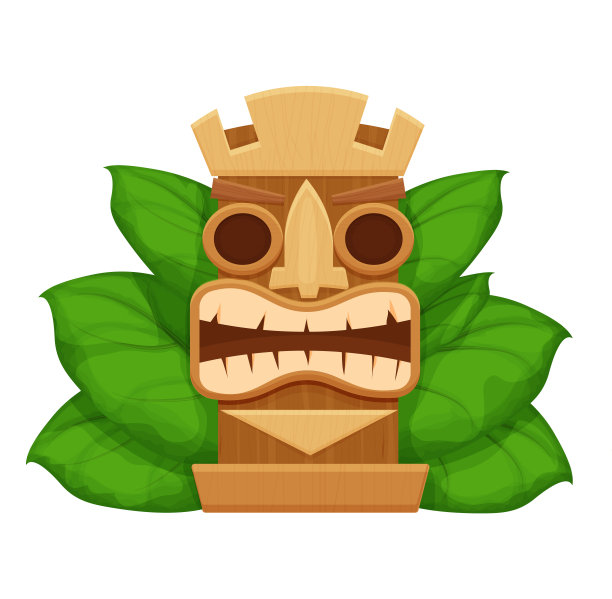 木制提基面具，夏威夷符号卡通风格，纹理和详细孤立在白色背景股票矢量插图。图腾，部落民族的装饰。可怕的神,偶像。矢量图图片下载