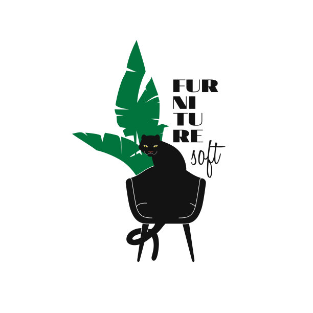 有一只豹子，一把椅子和热带树叶的插图。背景与复古风格的软家具。白色上的黑色剪影。时尚设计的家具商店，网页，和传单。图片下载