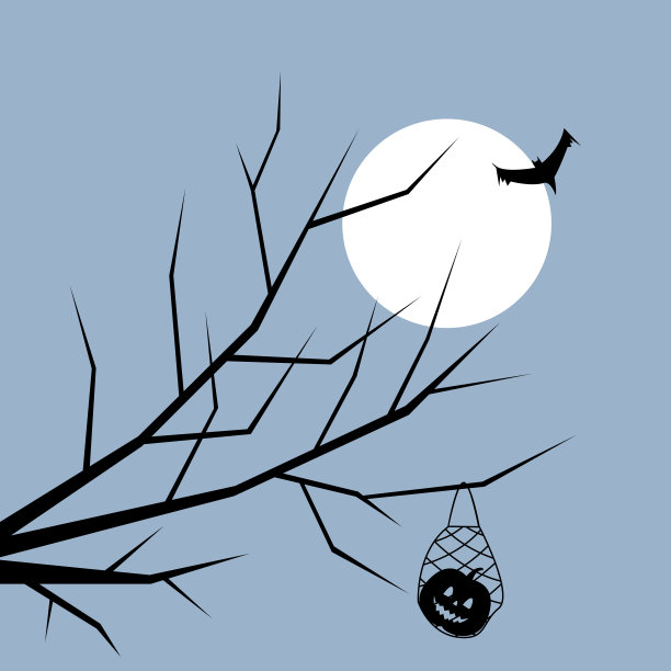 黑色剪影的树枝与南瓜在一个绳袋和蝙蝠飞在月亮的背景图片下载