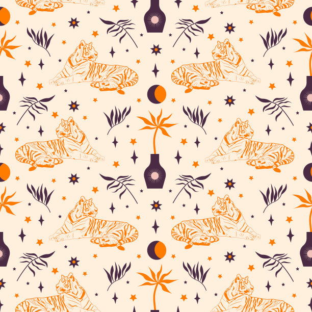 中国老虎、花瓶和棕榈树的图案。矢量插图。图片下载