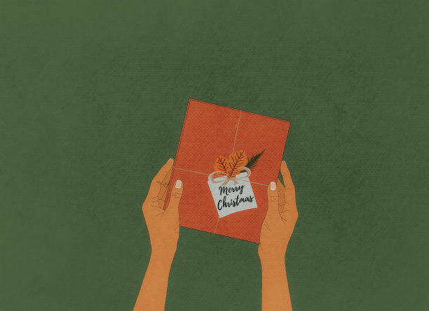 绿色背景下，人手捧着大礼盒。复制空间说明图片下载