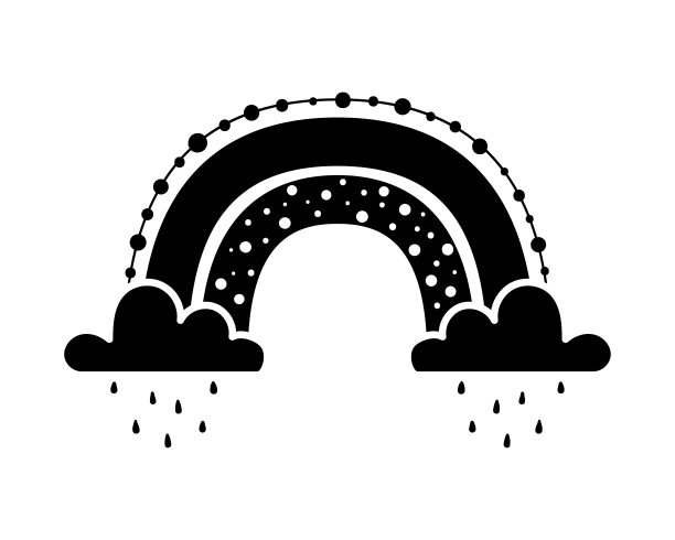 黑色单色彩虹与雨云。彩虹抽象手绘图标。字形自然天气要素图片下载