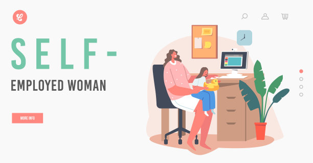 自雇女性登陆页面模板。与小宝贝远程工作。年轻的商业母亲性格工作在PC图片下载
