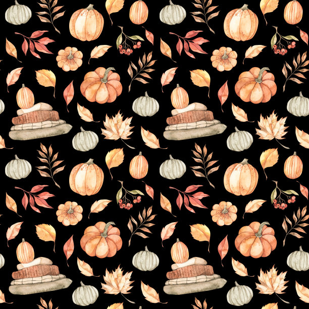 手绘水彩无缝模式的落叶和南瓜。森林的背景。你好,秋天收获!适合季节性广告，邀请，织物，包装纸，纺织品图片下载