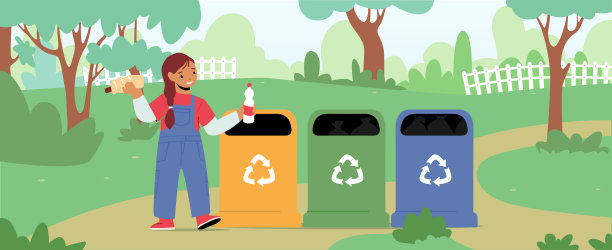 小女孩角色在公园里把垃圾扔进有回收标志的垃圾箱。生态保护、污染图片下载