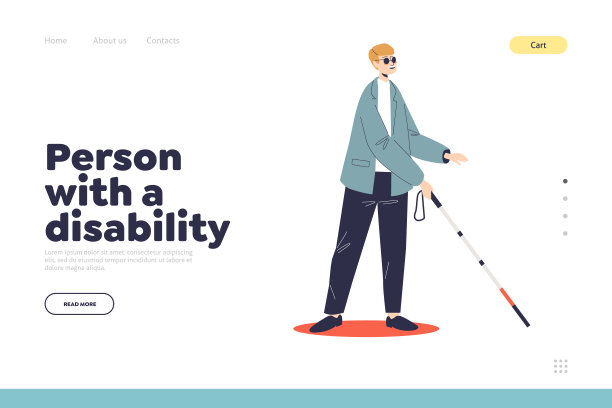 残疾人士的概念登陆页与年轻的盲人戴着太阳镜和拐杖图片下载
