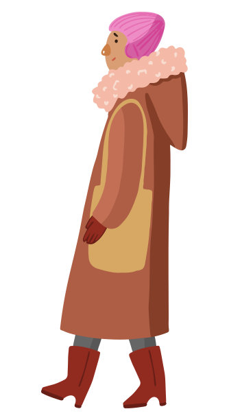 拿着购物袋的女人。女性在冬天穿外套在户外。平面向量插图。彩色卡通剪贴画孤立在白色。单元素假日设计，装饰，印刷，明信片，贴纸。图片下载