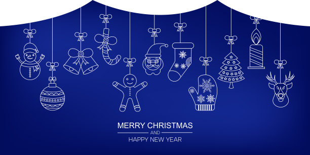圣诞横幅线图标悬挂元素蓝色背景图片下载