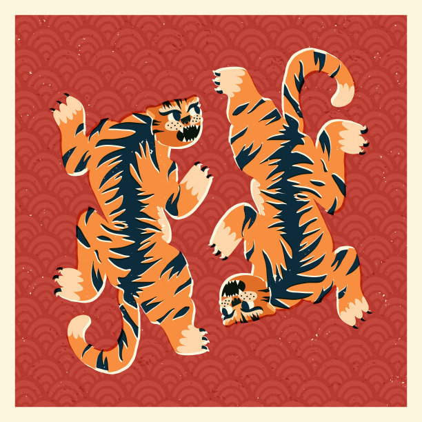 红色鳞片背景上的两只中国老虎。复古风格的东方传统卡片设计。矢量手绘插图。图片下载
