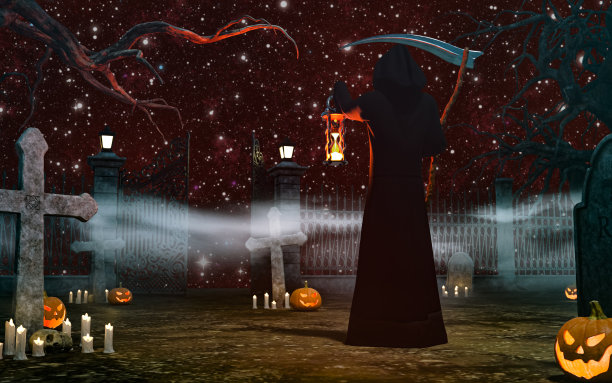 一个死亡天使在墓地与镰刀在夜间背景图片下载