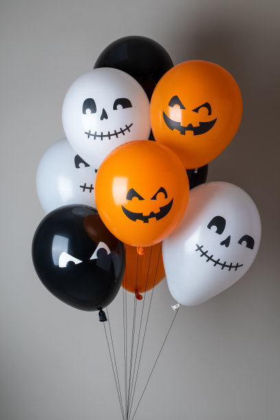 灰色背景上的橙色，黑色和白色万圣节气球束图片下载