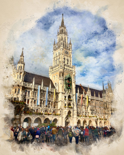 德国慕尼黑，Marienplatz的市政厅(Rathaus)。数字模拟素描，水彩画。图片下载