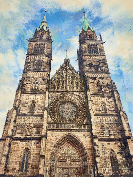 德国巴伐利亚州纽伦堡的圣劳伦斯中世纪教堂。素描，水彩画。图片下载