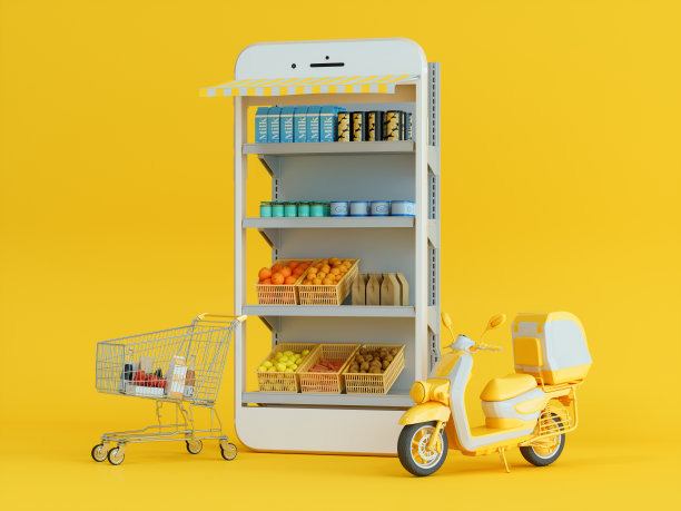 在黄色背景上使用摩托车和购物车的网上杂货店和网上超市购物概念图片下载