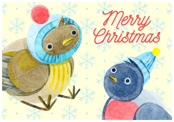 一张有水彩麻雀和红胸灰雀的圣诞卡。可爱的五颜六色的鸟，戴着针织帽子，红色的绒球在飘落的雪花的背景上。圣诞海报，贺卡。素材图片