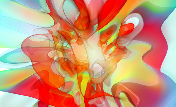 抽象艺术的3d渲染3d背景与部分超现实的异域幻想花朵在曲线波浪有机线条形成透明的多层玻璃材料在红，橙，紫，绿和白色渐变颜色图片下载