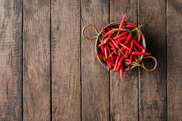 乡村风格的金属碗里的辣椒图片下载