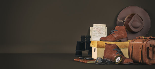 旅行者或冒险家配件背景与复制空间，探险家概念，3d渲染图片下载