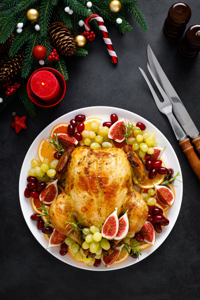 圣诞火鸡。圣诞烤火鸡配圣诞大餐。圣诞晚餐的传统食物。图片下载