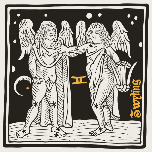 双子座或双子星座。中世纪风格的黑色字体插图。图片下载