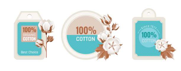 生态棉标签设计花套。100个生物有机棉标签图标。芽、叶元素。3 d现实的贴纸。纺织制作时尚标志。卡通矢量插图孤立的白色背景图片下载