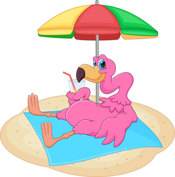 卡通火烈鸟在海滩上晒太阳图片下载