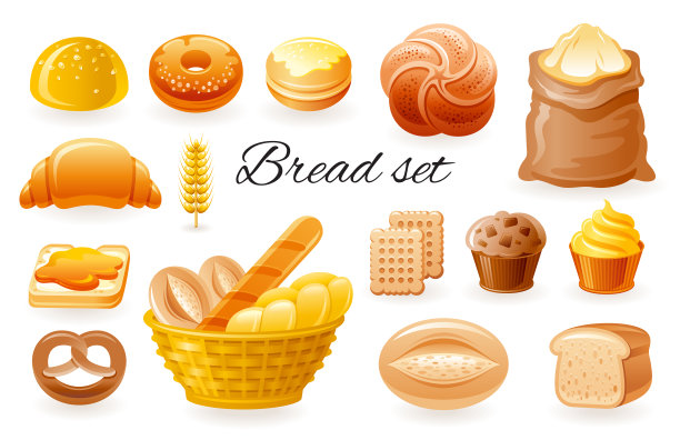 面包向量面包房图标。卡通面包，法式长棍面包，百吉饼，小圆面包，羊角面包，蛋糕，吐司，甜卷。糕点早餐插图。谷物谷物面包收藏。小麦食品零食。图片下载
