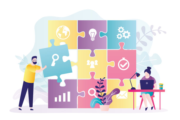 商业女性将责任和事务委托给其他公司。男人将一小块插入大拼图中图片下载