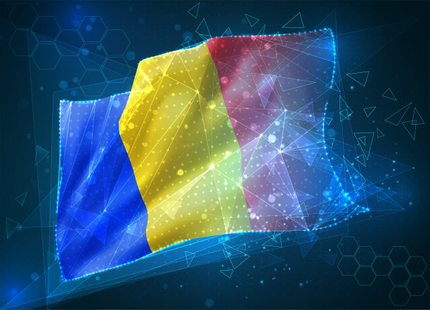 矢量标志，蓝色背景上的三角形多边形的虚拟抽象三维物体图片下载