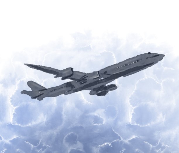 飞机在蓝白色的天空前飞行。水彩插图图片下载