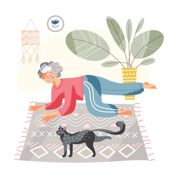 老年妇女做健康的运动与猫在家里客厅室内图片下载