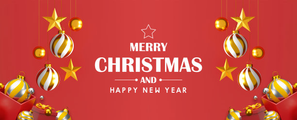 红色背景上有金色的银球和金色的星星作为圣诞和新年的装饰品。三维演示图片下载