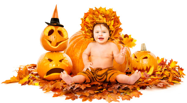 秋天快乐的婴儿肖像，可爱的孩子在黄叶帽子旁边的南瓜，坐在枫叶上孤立的白色背景图片下载