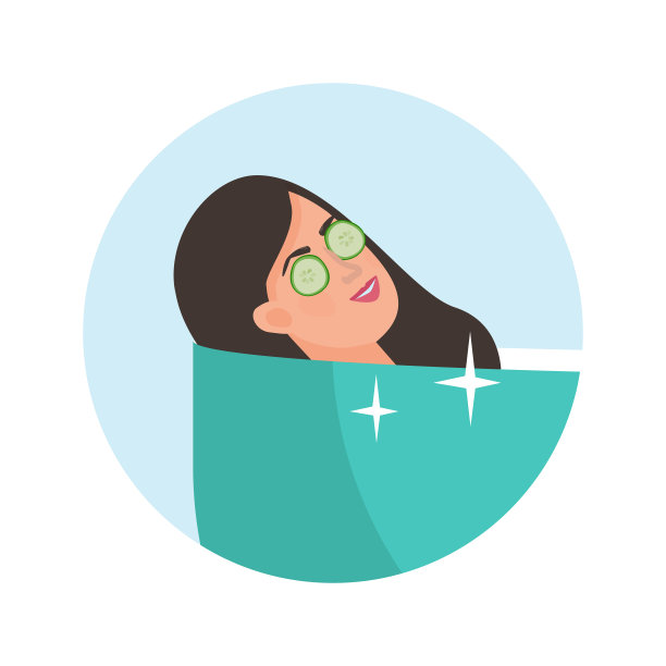 女人在浴缸里用黄瓜放松。化妆程序向量插图。图片下载