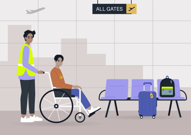 机场工作人员协助坐轮椅的乘客，转移到登机口，包容和无障碍图片下载
