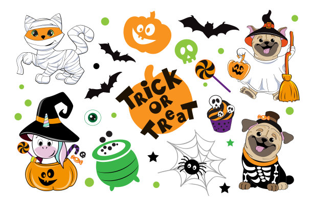 万圣节与蝙蝠，泵，和有趣的动物在万圣节服装。独角兽，猫，哈巴狗。矢量卡通插图的白色背景孤立图片下载