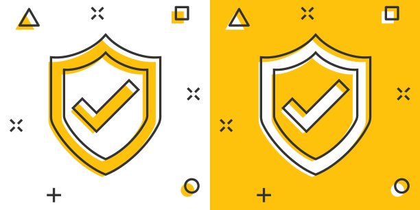 漫画风格的带勾选标记图标的盾牌。保护卡通矢量插图在白色孤立的背景。Checkmark保护飞溅效果的经营理念。图片下载