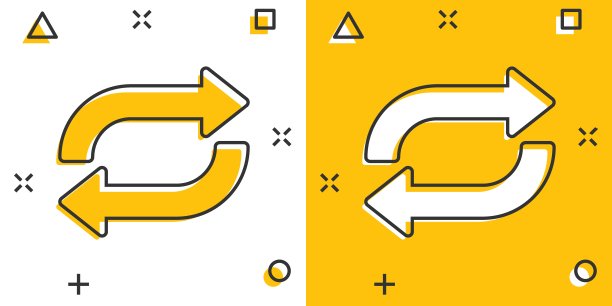 漫画风格的箭头旋转图标。同步行动卡通矢量插图的白色孤立的背景。刷新按钮喷溅效果的业务概念。图片下载