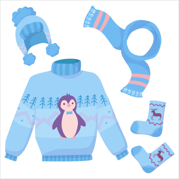 一套冬天的衣服。采购产品针织毛衣，围巾，手套和帽子。简单的画在柔和的颜色。矢量插图孤立的白色背景。图片下载