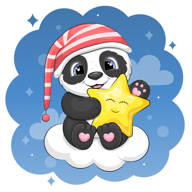 一只可爱的卡通熊猫抱着一颗星星在云端。图片下载