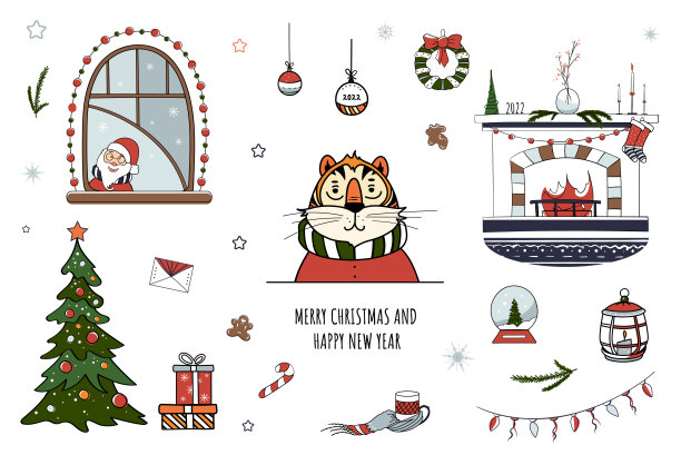 大集合的元素为新年和圣诞节在手绘风格。图片下载