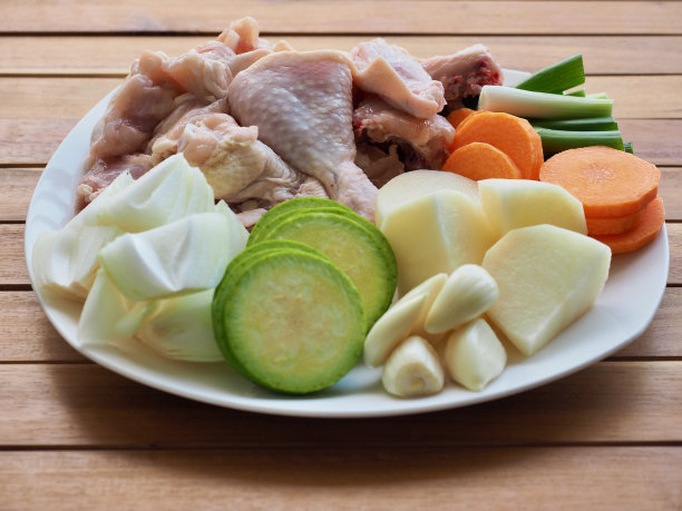 新鲜鸡肉与蔬菜食材：土豆、胡萝卜、洋葱，韩式炒鸡图片下载