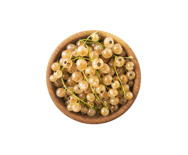 醋栗孤立在白色的背景剪纸。木碗里有白醋栗，有文字复制空间。前视图。图片下载