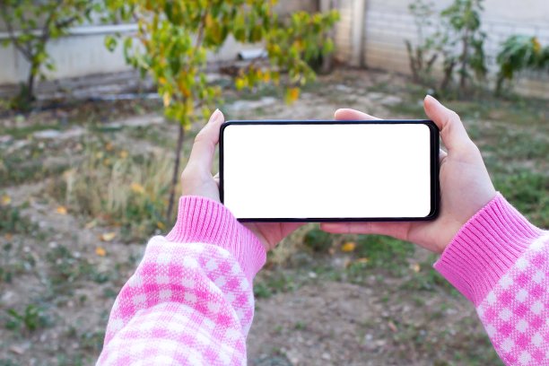 模拟图像的特写女人手握手机与空白的白色桌面屏幕在户外。图片下载