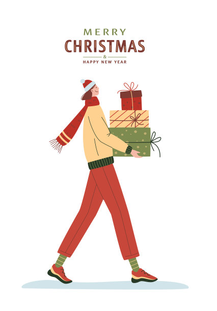 拿着圣诞礼物的现代年轻女子。图片下载