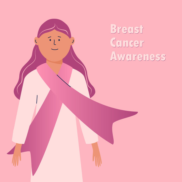 乳腺癌宣传月。胸前系着粉色丝带围巾的女孩。粉红头发的抽象卡通女性角色。乳腺癌。支持海报。矢量插图。疾病预防。图片下载