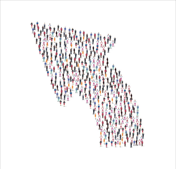 一群平面插图的人在白色背景上形成右箭头符号。矢量图图片下载