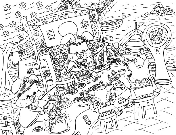 明亮的卡通兔子兔家庭准备和服务日本食品和饮料在水边儿童着色页插图2021图片下载