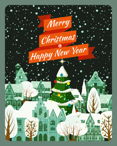 圣诞快乐新年海报，冬日旧城城景。城市景观贺卡。矢量插图卡通平面风格图片下载