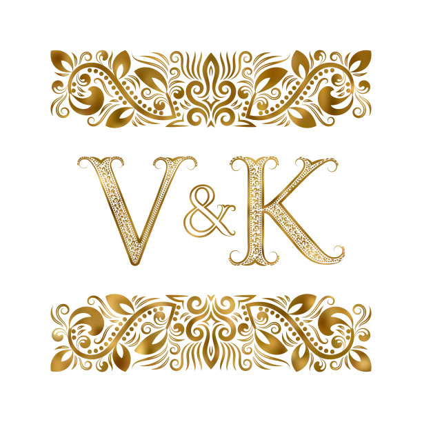 V和K vintage的首字母符号。字母被装饰元素包围着。皇室风格的婚礼或商业伙伴的字母组合。图片下载